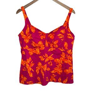 Lands End Womens Orange Red Floral Underwire Tankini Swim Top Size 18